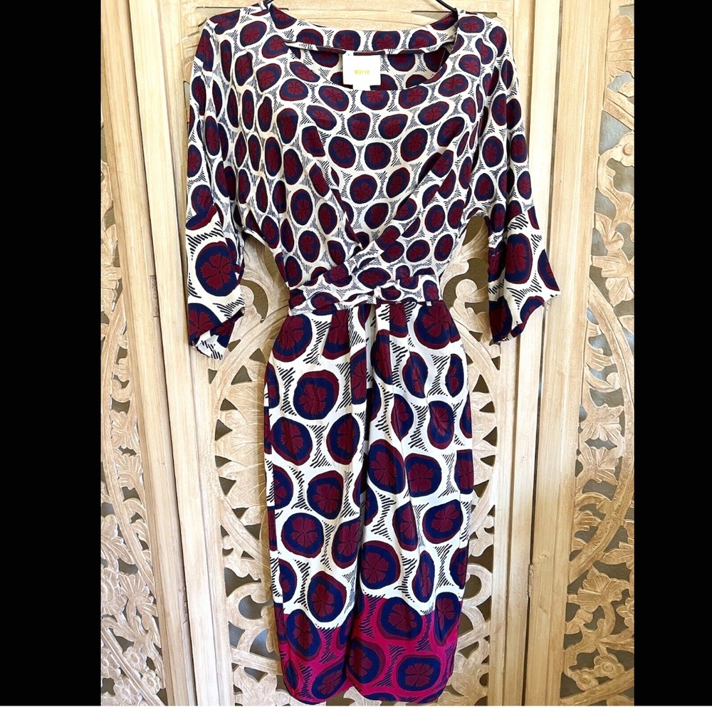 Anthropologie Maeve 100% Silk Citrus Pattern Dress with Kimono Wrap Tie, Size 4.